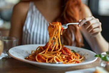 Woman enjoying a delicious plate of spaghetti pasta in a cozy restaurant. Capturing the essence of Italian cuisine, food photography at its finest. Ideal for culinary blogs and advertisements