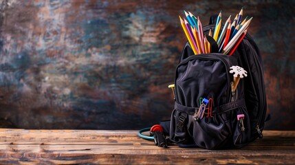 A stylish black school backpack filled with assorted stationery items like colored pencils, sharpeners, and erasers, placed on a rustic wooden table background with a vintage feel and space for text,