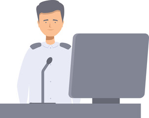 Security officer is speaking into a microphone from behind a desk