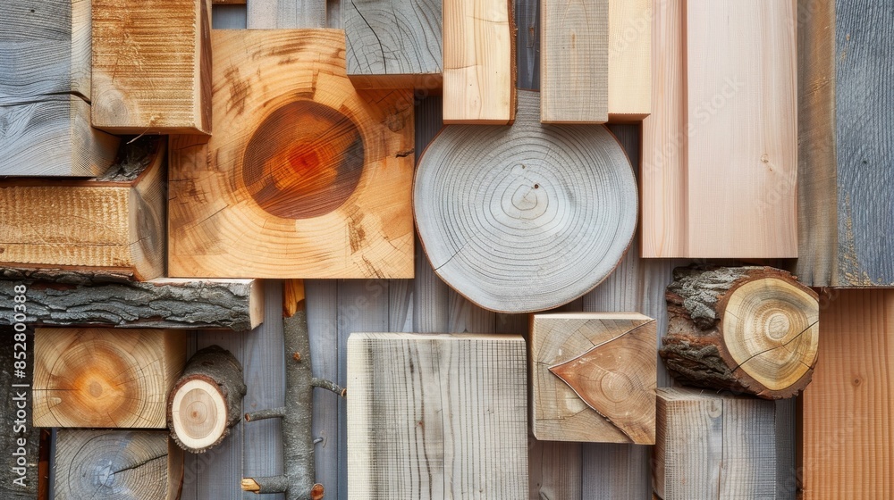 Poster a collection of wood pieces with different shapes and sizes, including a large log. concept of rusti
