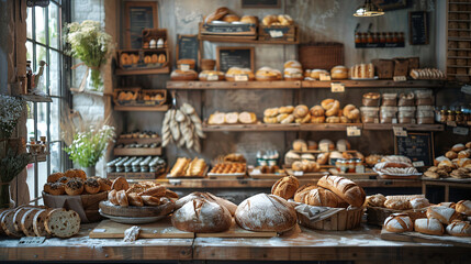 Freshly baked bread and pastries in a rustic bakery setting