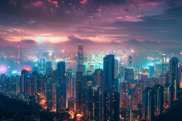 Obraz premium Vibrant Urban Skyline at Dusk, Illuminated City Lights Under a Colorful Sky - Perfect for Posters and Prints