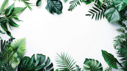 This image features a variety of tropical leaves arranged around a white background, creating a natural, vibrant border. The leaves are a deep green color, and their shapes and sizes vary. The image h