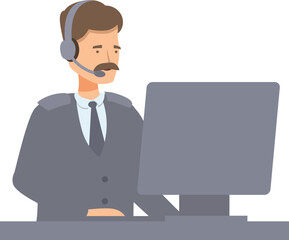 Security guard is using a computer and wearing a headset