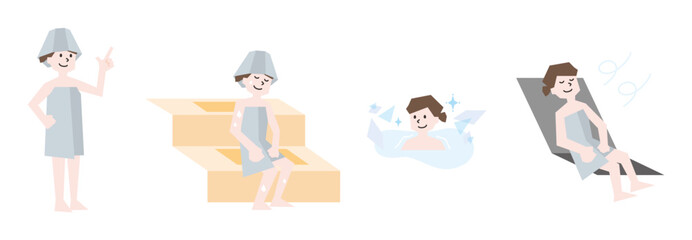 サウナを楽しむ女性のイラストセット