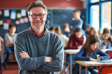 Fototapeta premium Smiling male teacher in modern classroom stands confidently with arms crossed. Students are engaged in learning at their desks. Bright and modern classroom setting. Generative AI