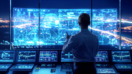 Man interacting with futuristic digital interface in a control room overlooking a city at night.