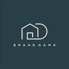 line art house and initial D logo vector