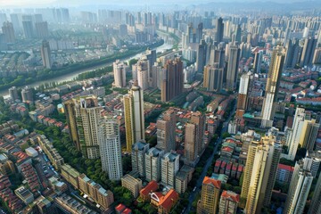 Aerial View of Modern Skyscrapers and Historical Architecture in a Megacity Urban Landscape