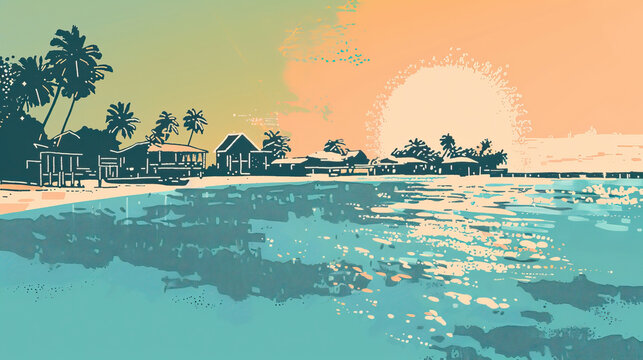 Risograph print travel poster illustration of Caye Caulker, Belize, modern, isolated, clear, simple. Artistic, stylistic, screen printing, stencil, stencilled, graphic design. Banner, wallpaper