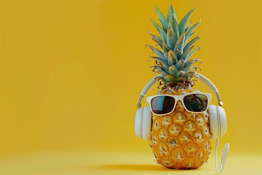 Fashion pineapple with sunglasses and headphones on a yellow color background. Summer vibe and party concept.