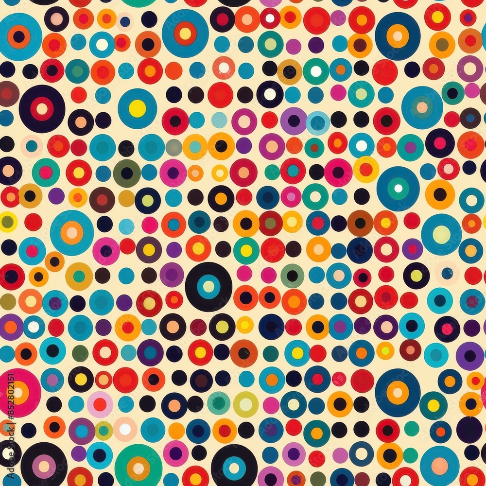 Aufkleber This digital artwork features a seamless pattern of colorful circles of various sizes, with some having a solid color and others having a concentric ring pattern. The background is a light yellow-beig