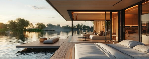 Fototapeta premium Floating villa with sleek decor.