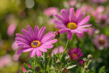 Two pink daisies in a field of pink flowers on sunny summer day.