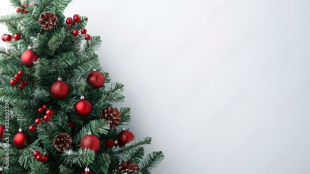 Poster a close-up image of a decorated christmas tree with red ornaments and pine cones. the tree is agains