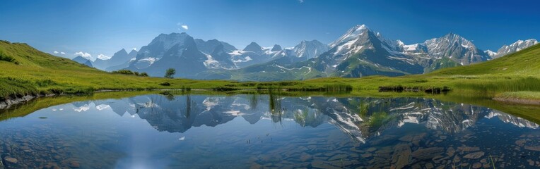 A breathtaking panoramic view of snow-capped mountains reflected in a still lake, with a lush green meadow in the foreground. The sky is a bright blue, and the sun is shining brightly. This serene lan