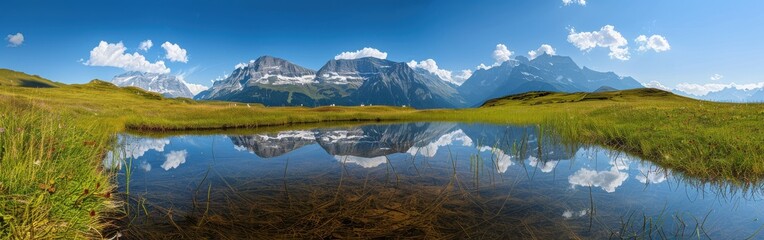 Naklejka premium A panoramic view of a pristine mountain lake reflecting the snow-capped peaks of the surrounding mountains. The lake is nestled in a lush green meadow under a clear blue sky dotted with fluffy white c