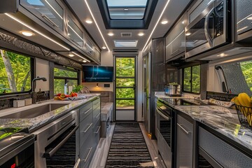 Obraz premium Modern RV interior with sleek design and full amenities. Luxurious kitchen area with skylight and dining space. Ideal for travel, adventure, and living comfortably on the road. Generative AI