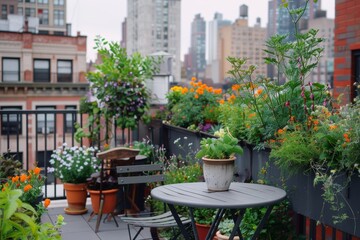 Fototapeta premium Urban Garden with Vertical Planters and Flowering Herbs on Rooftop Patio in City Setting