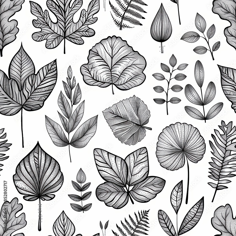 Poster This image features a seamless pattern of various detailed leaves, all drawn in black ink on a white background. The leaves are arranged in a random pattern and each leaf is intricately detailed with 