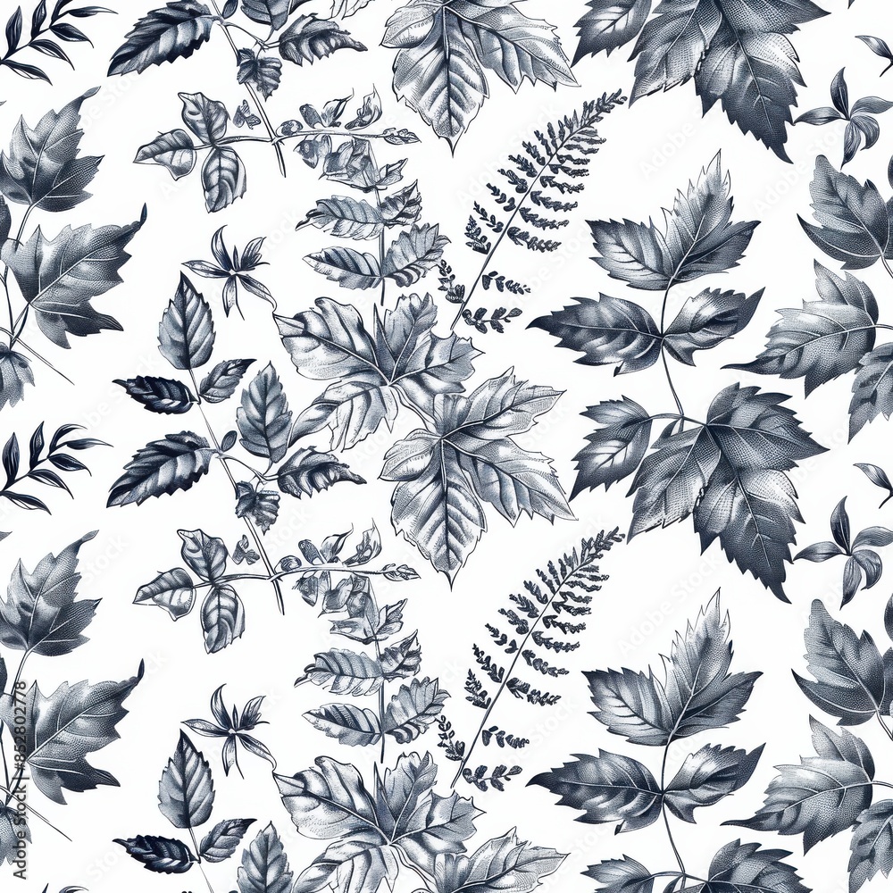 Poster a detailed black and white drawing of various types of leaves on a white background. the leaves appe