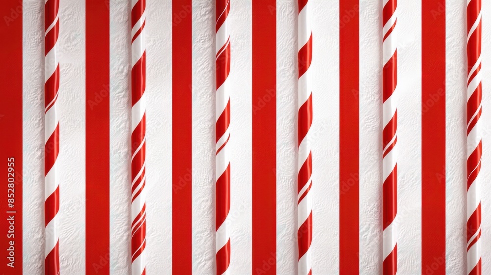 Poster This image features several candy canes with red and white stripes placed against a background of alternating red and white stripes. The images simplicity and color scheme create a visually appealing 