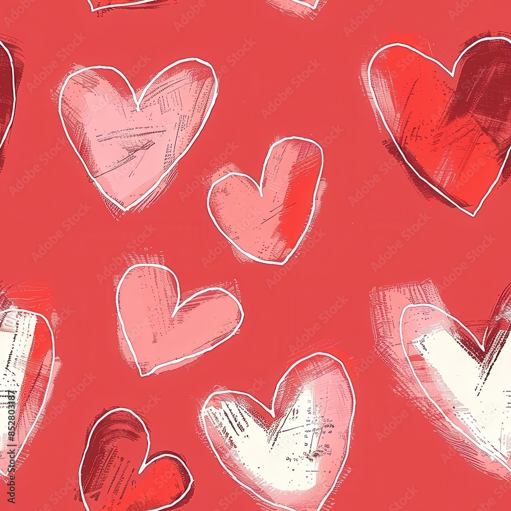 Poster this image shows a seamless pattern of pink and red hearts on a coral background. each heart is hand