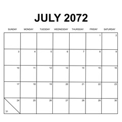 july 2072. monthly calendar design. week starts on sunday. printable, simple, and clean vector design isolated on white background.