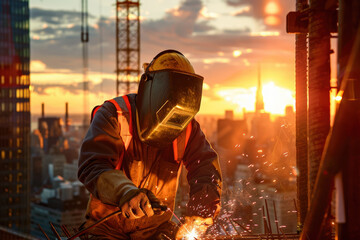 Fototapeta premium Building at Dusk: Urban Construction Worker Welding at Sunset