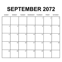 september 2072. monthly calendar design. week starts on sunday. printable, simple, and clean vector design isolated on white background.