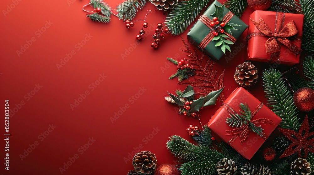 Poster a flat lay of three christmas gifts wrapped in red and green paper with pine branches and pine cones