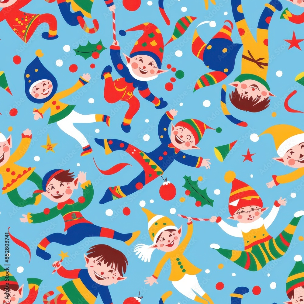 Aufkleber this festive seamless pattern features a variety of colorful christmas elves in various poses on a l