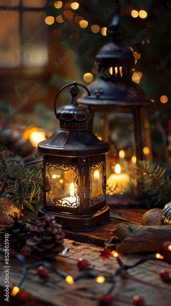 Poster two lanterns with lit candles and a string of lights are arranged on a wooden tabletop. the table is