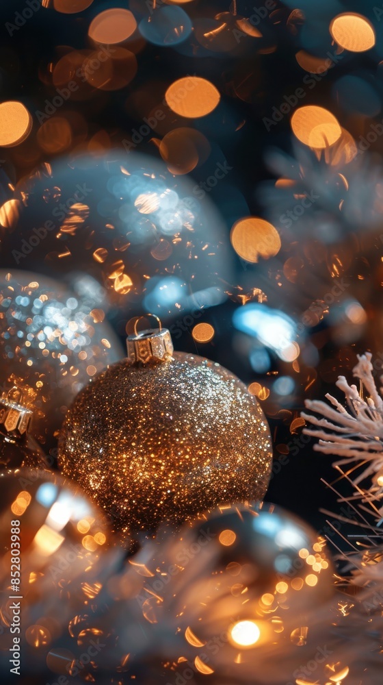 Aufkleber a close-up shot of a gold christmas ornament with a glittery finish, surrounded by other ornaments a