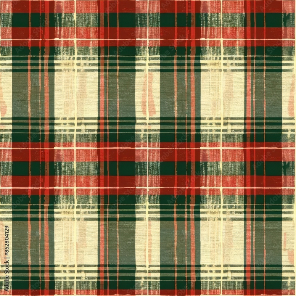 Aufkleber a close-up photograph of a red, green, and cream plaid fabric pattern. the fabric has a woven textur