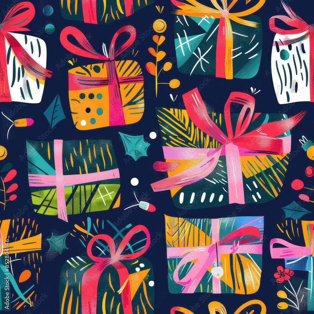 Poster this seamless pattern features a variety of colorful, hand-drawn gift boxes with decorative ribbon b