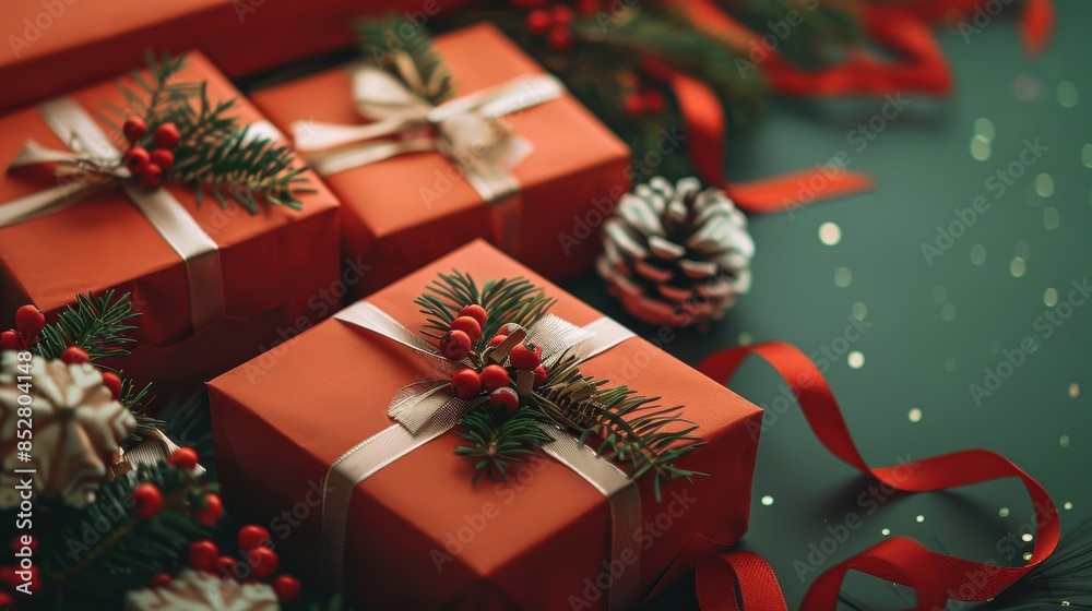 Poster An image of three red gift boxes wrapped in white ribbon with green pine branches and red berries adorning them. The boxes are arranged on a green surface with red ribbon and a pine cone in the backgr
