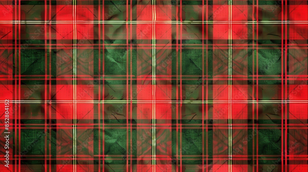 Poster This image shows a close-up of a red and green plaid fabric texture. The fabric has a slightly wrinkled look, and the colors are bright and vibrant. The image is perfect for use as a background or as 