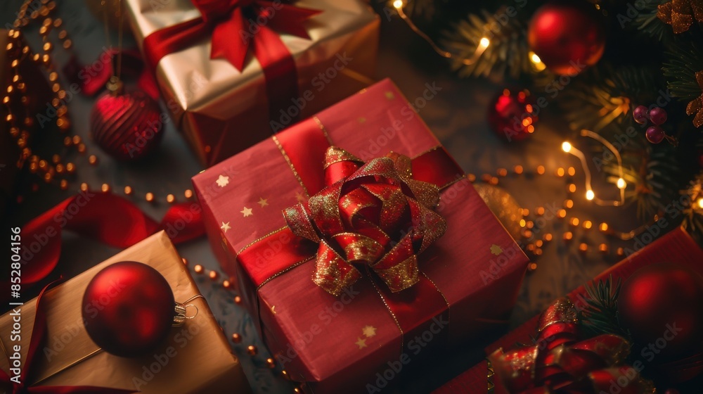 Poster a close-up shot of a group of red gift boxes adorned with festive red ribbons and bows. the boxes ar