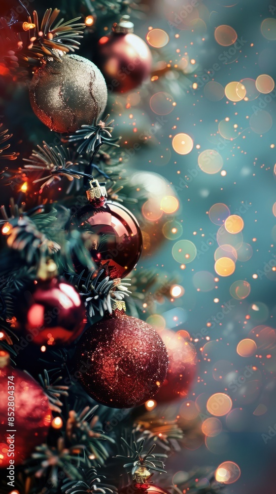 Poster A close-up image of a Christmas tree decorated with red and silver ornaments. The tree is lit with white lights and the background is a bokeh of warm and cool colors.