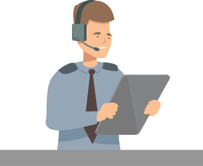 Airport officer working using headset and tablet