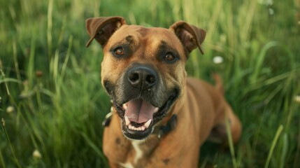 Obraz premium A brown dog is sitting in the grass and smiling. The dog has a black nose and is wearing a collar