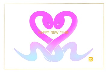 2025年　ハートをつくるヘビのイラストのおしゃれな年賀状　巳年　ピンク
