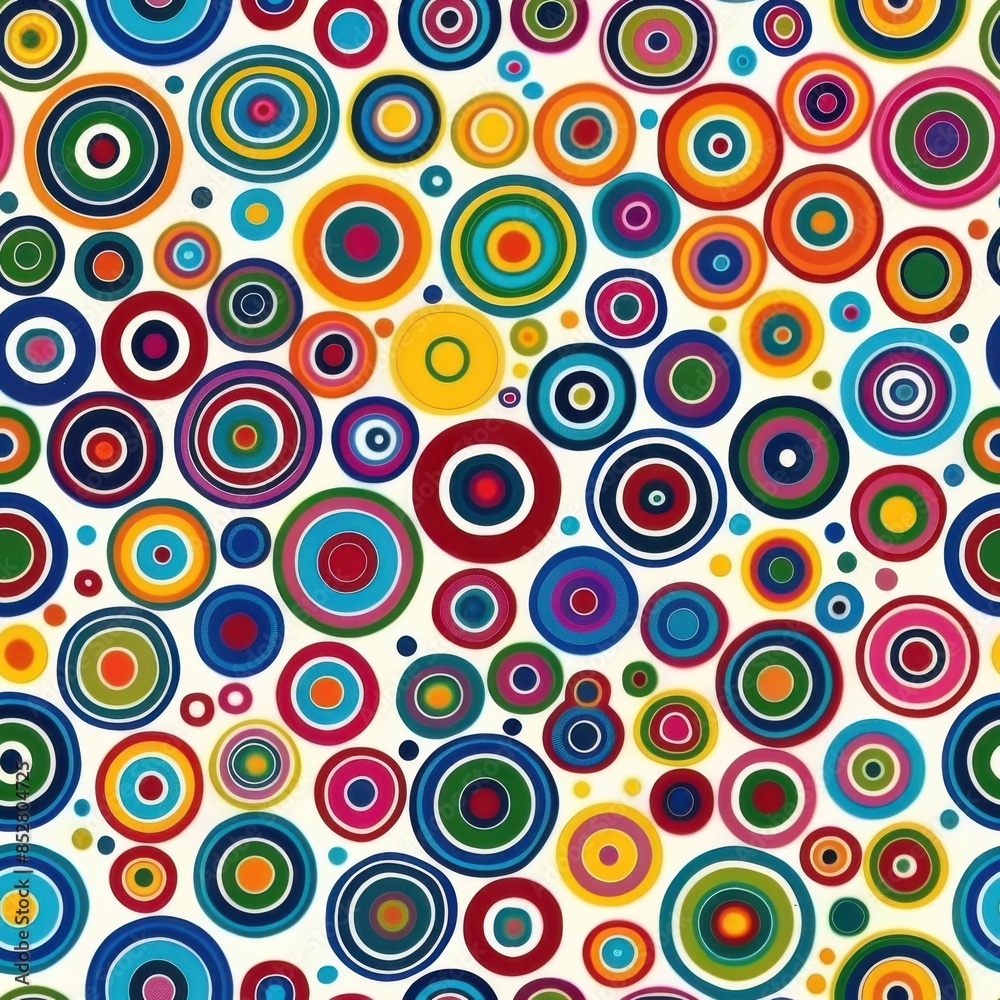 Poster A vibrant seamless pattern featuring overlapping concentric circles in various sizes and colors on a white background. The circles are filled with bright hues of red, yellow, blue, green, orange, and 