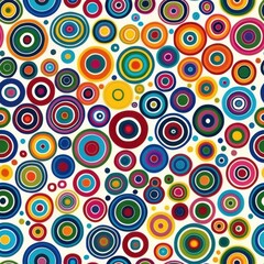 A vibrant seamless pattern featuring overlapping concentric circles in various sizes and colors on a white background. The circles are filled with bright hues of red, yellow, blue, green, orange, and 