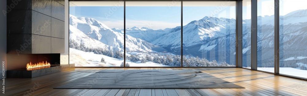 Poster a large window in a room with a fireplace and a view of snow-covered mountains