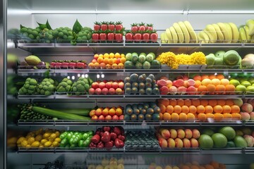 Obraz premium Fruits and vegetables in the refrigerated shelf of a supermarket
