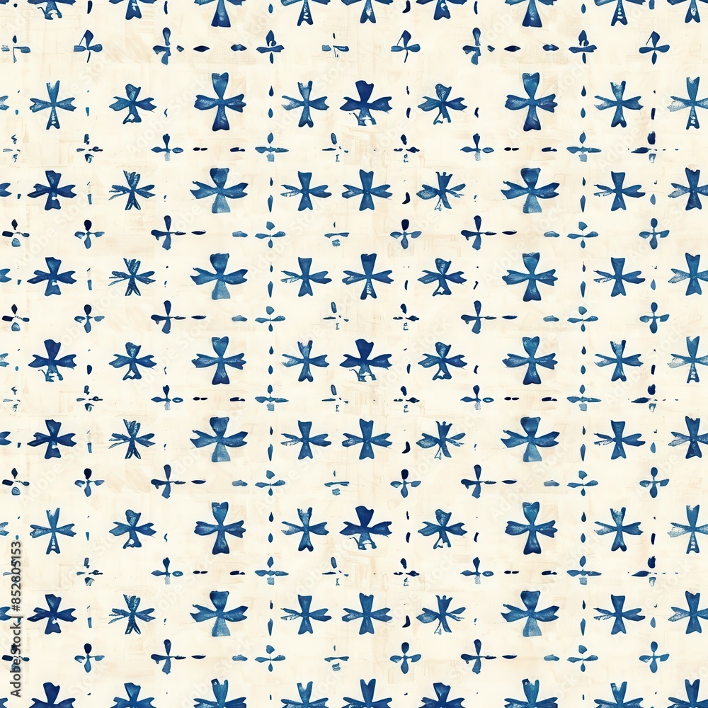 Poster the image is a close-up of a repeating pattern of blue crosses on a white background. the crosses ap
