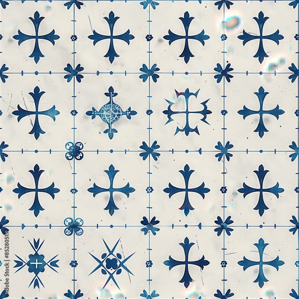 Poster this image showcases a close-up view of a ceramic tile pattern, featuring a repeating design of blue