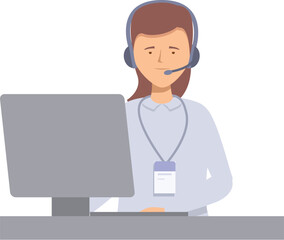 Customer service representative wearing a headset is working on her computer